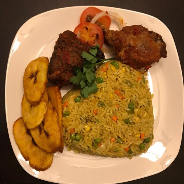 Olatee Fried Rice with dodo plntain and meat